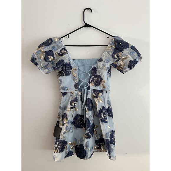 Lulu’s Cheerfully Perfect Blue Floral Jacquard Puff Sleeve Mini Dress Size M New - Picture 13 of 15